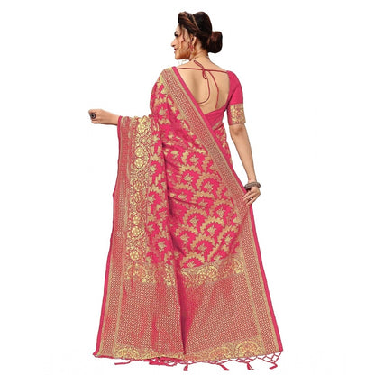 Damask Pattern Jacquard Woven Banarasi Art Silk Saree With Unstitched Blouse Piece (Pink, 5-6mtrs)