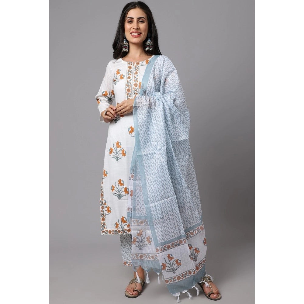 Cotton Blend Printed Work Kurti With Bottom And Dupatta Set (Ligtht Blue)