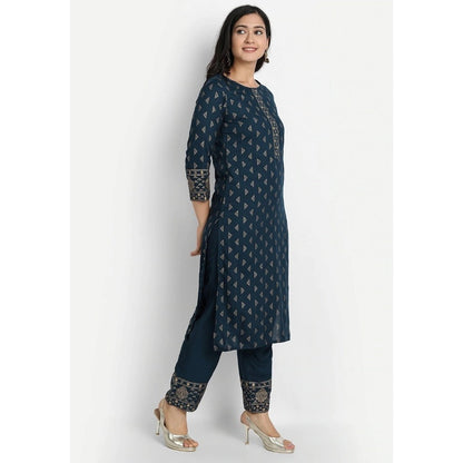 Cotton Blend Printed Work Kurti With Bottom And Dupatta Set (Blue)