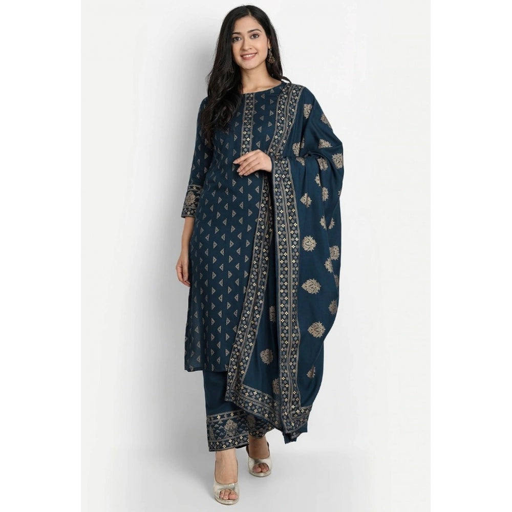 Cotton Blend Printed Work Kurti With Bottom And Dupatta Set (Blue)