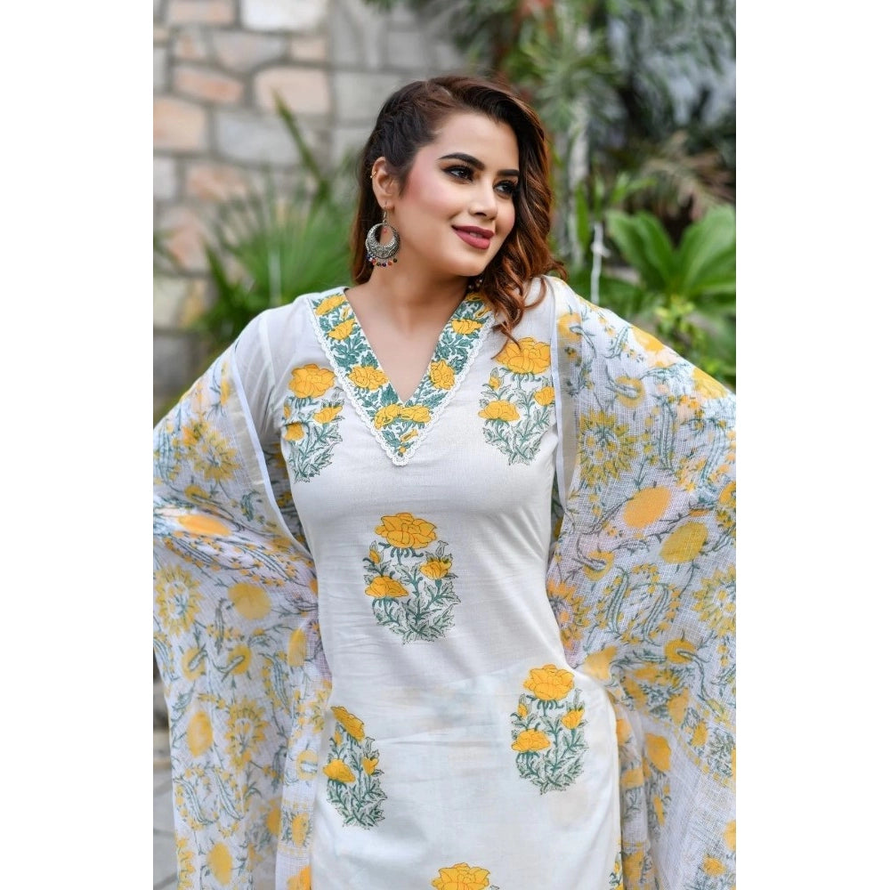 Cotton Blend Printed Work Kurti With Bottom And Dupatta Set (Yellow)