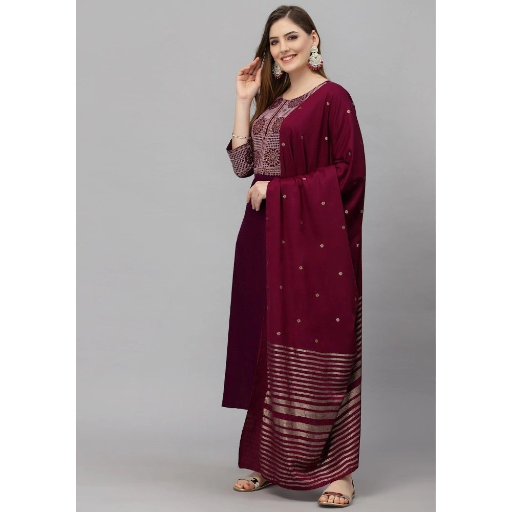 Cotton Blend Printed Work Kurti With Bottom And Dupatta Set (Maroon)