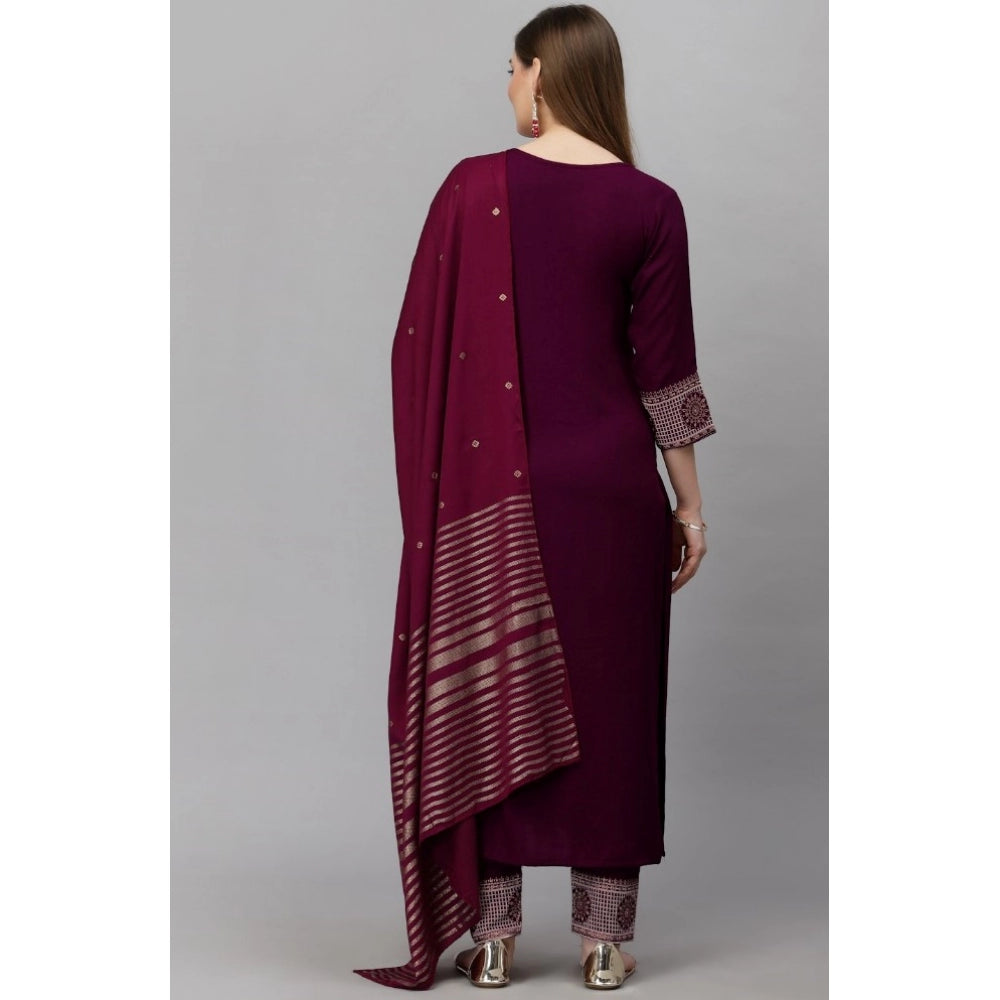 Cotton Blend Printed Work Kurti With Bottom And Dupatta Set (Maroon)