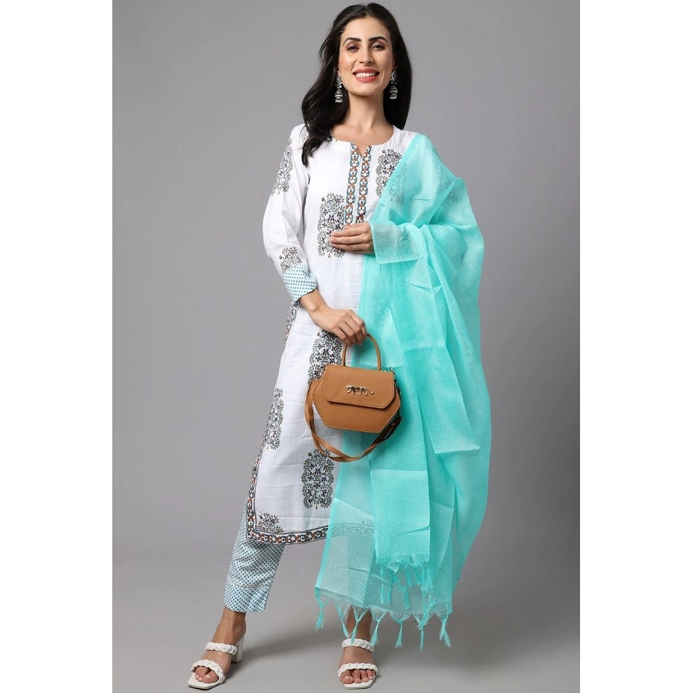 Cotton Blend Printed Work Kurti With Bottom And Dupatta Set (White)