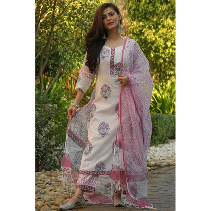 Cotton Blend Printed Work Kurti With Bottom And Dupatta Set (Pink)