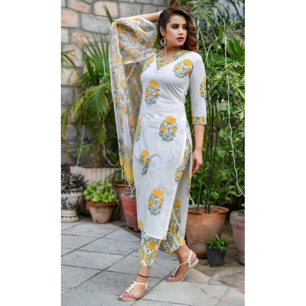 Cotton Blend Printed Work Kurti With Bottom And Dupatta Set (Yellow)