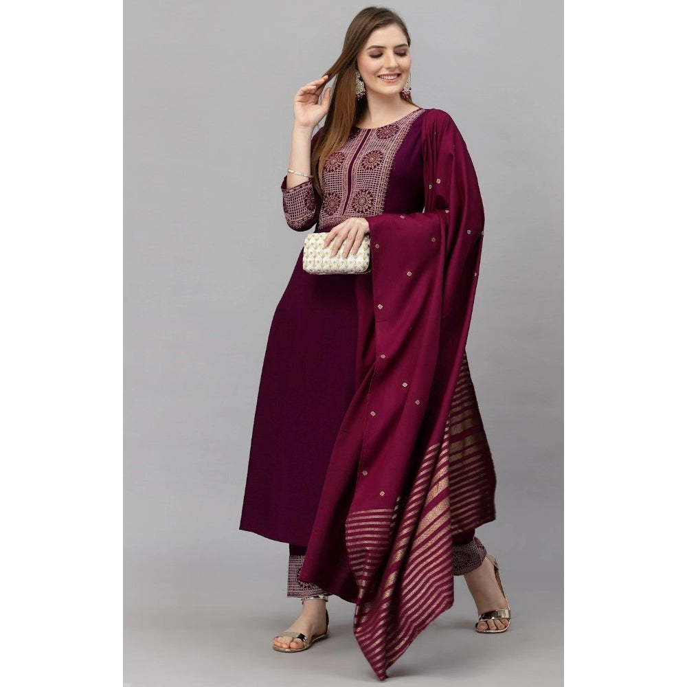 Cotton Blend Printed Work Kurti With Bottom And Dupatta Set (Maroon)