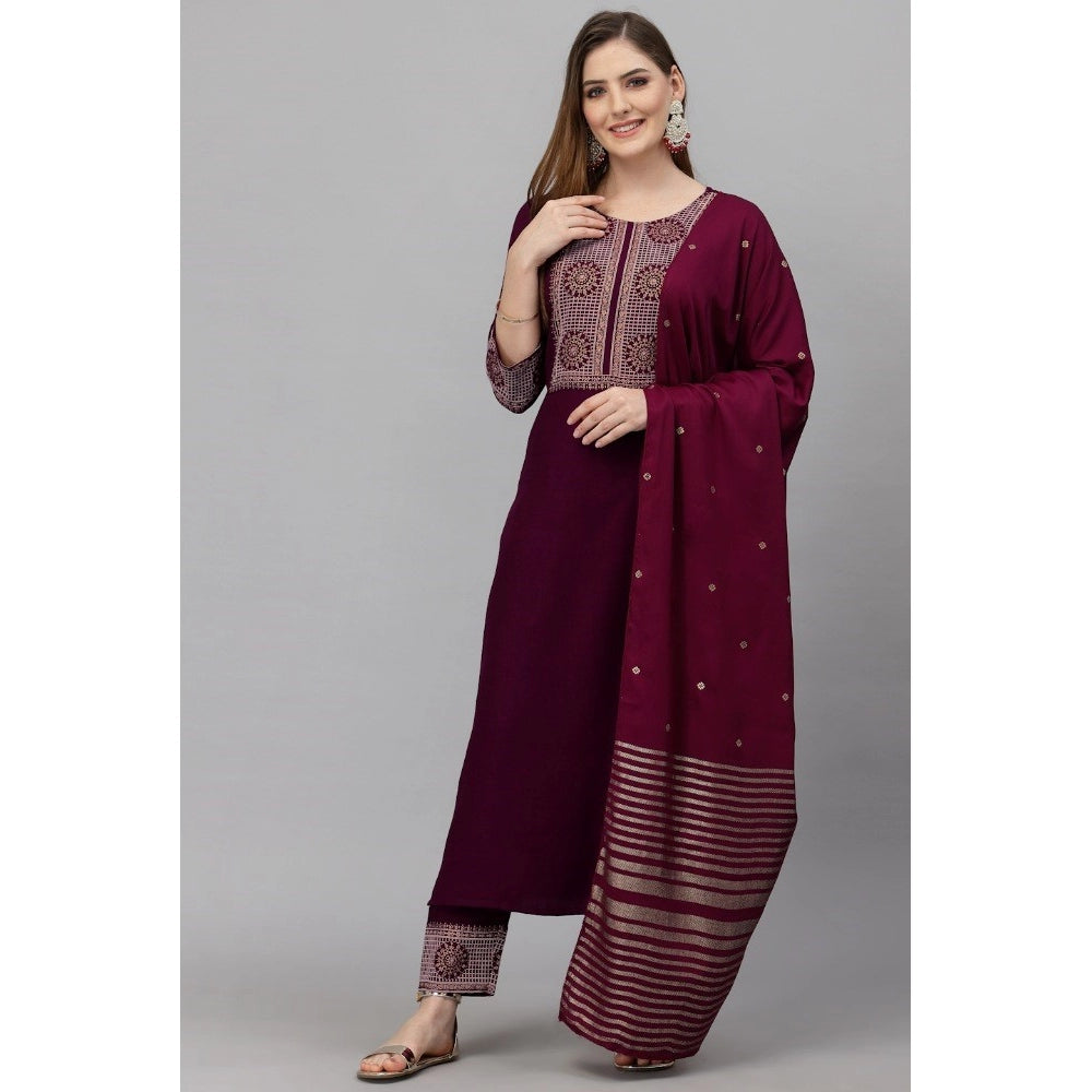 Cotton Blend Printed Work Kurti With Bottom And Dupatta Set (Maroon)