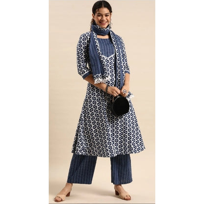 Cotton Blend Printed Work Kurti With Bottom And Dupatta Set (Blue)