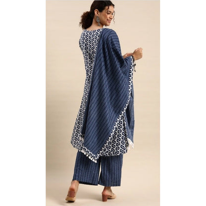 Cotton Blend Printed Work Kurti With Bottom And Dupatta Set (Blue)