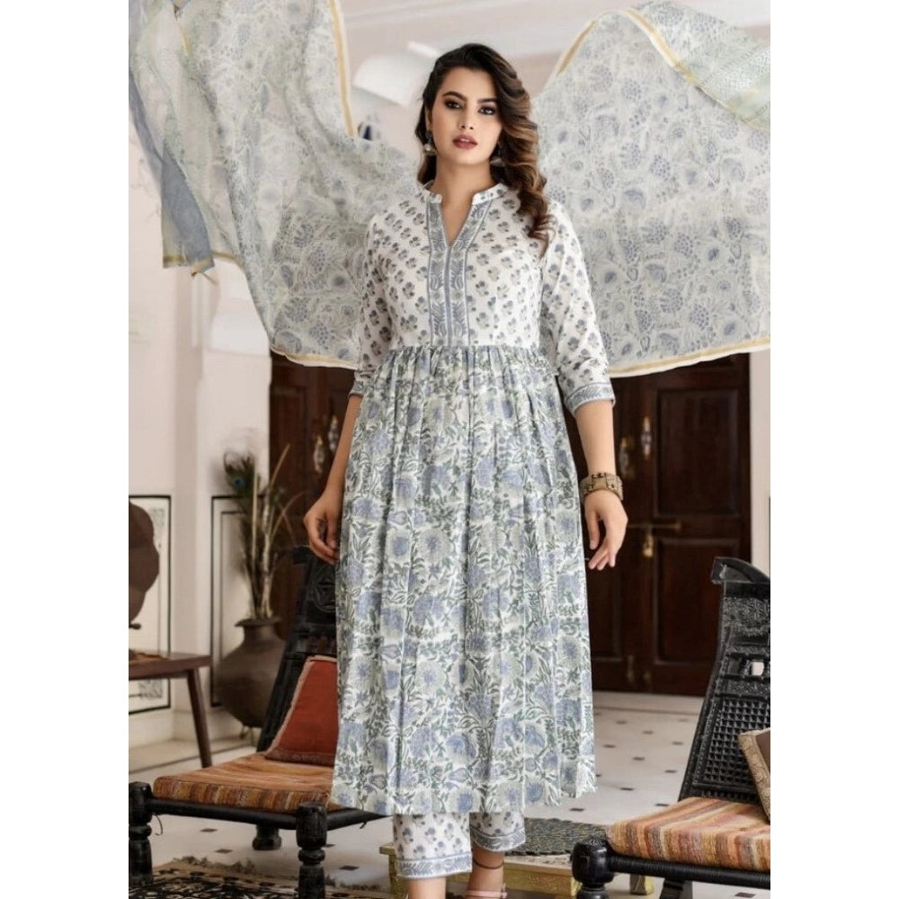 Cotton Blend Printed Work Kurti With Bottom And Dupatta Set (Multi Color)