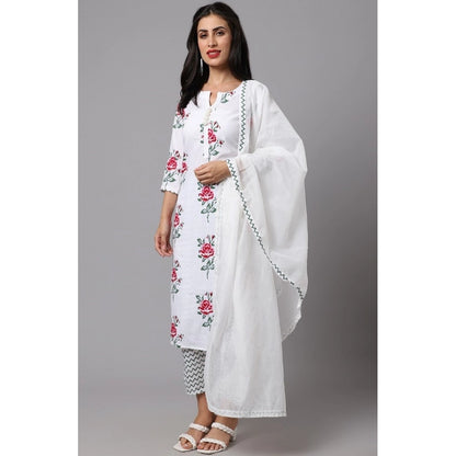 Cotton Blend Printed Work Kurti With Bottom And Dupatta Set (White)