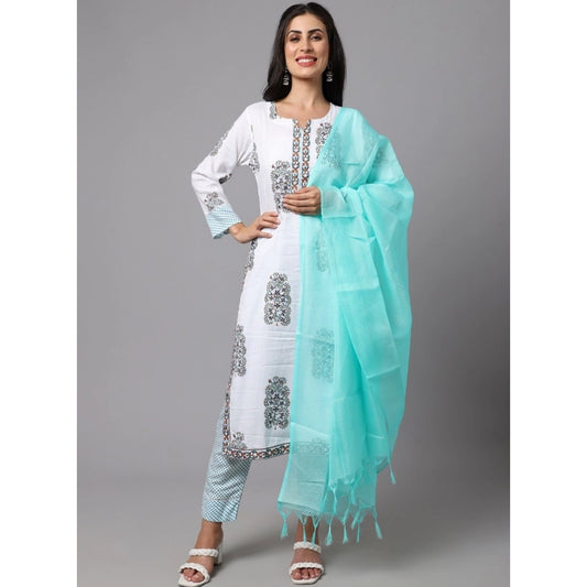 Cotton Blend Printed Work Kurti With Bottom And Dupatta Set (White)