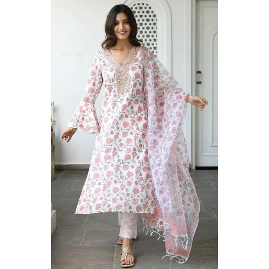 Cotton Blend Printed Work Kurti With Bottom And Dupatta Set (Pink)