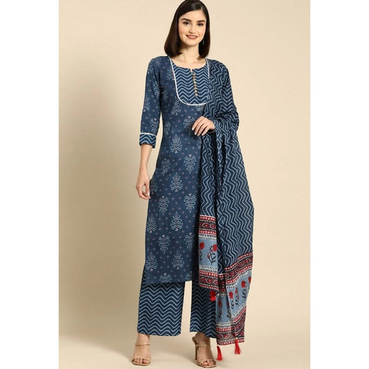 Cotton Blend Printed Work Kurti With Bottom And Dupatta Set (Blue)