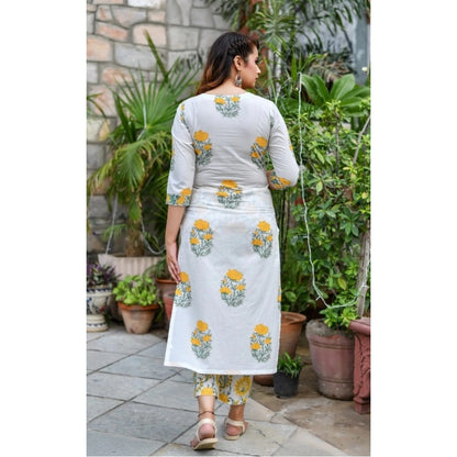 Cotton Blend Printed Work Kurti With Bottom And Dupatta Set (Yellow)