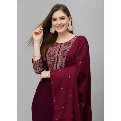 Cotton Blend Printed Work Kurti With Bottom And Dupatta Set (Maroon)