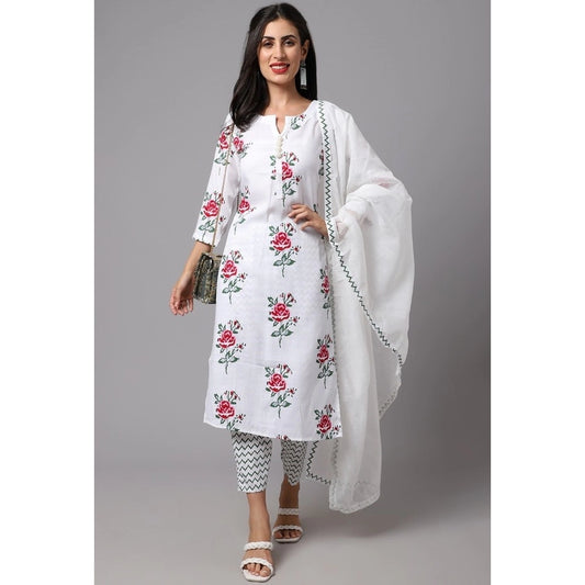 Cotton Blend Printed Work Kurti With Bottom And Dupatta Set (White)