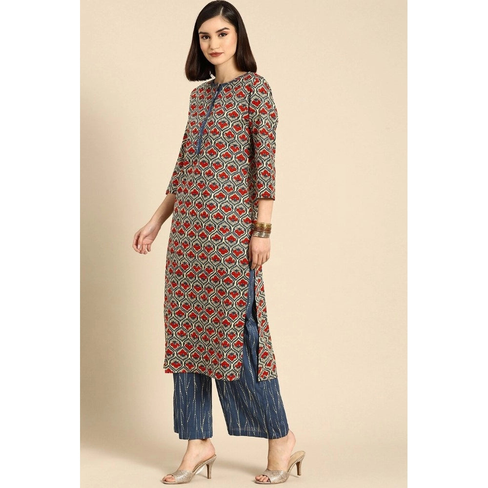 Cotton Blend Printed Work Kurti With Bottom And Dupatta Set (Multi Color)