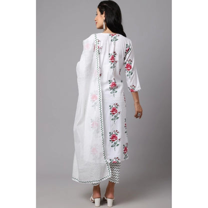 Cotton Blend Printed Work Kurti With Bottom And Dupatta Set (White)