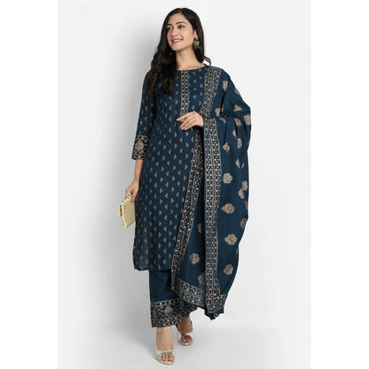 Cotton Blend Printed Work Kurti With Bottom And Dupatta Set (Blue)