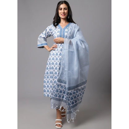 Cotton Blend Printed Work Kurti With Bottom And Dupatta Set (Ligtht Blue)