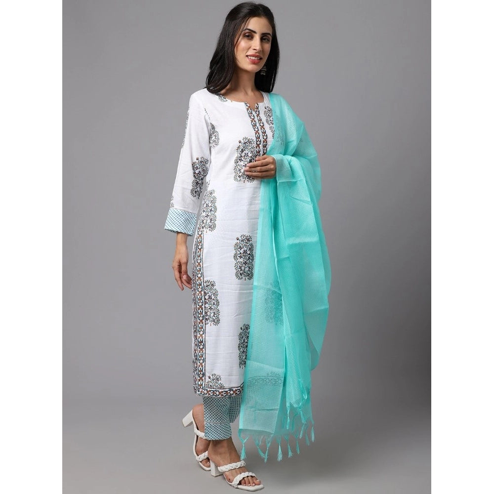 Cotton Blend Printed Work Kurti With Bottom And Dupatta Set (White)