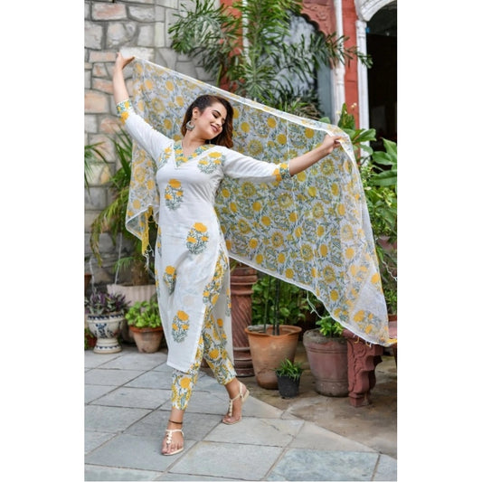 Cotton Blend Printed Work Kurti With Bottom And Dupatta Set (Yellow)