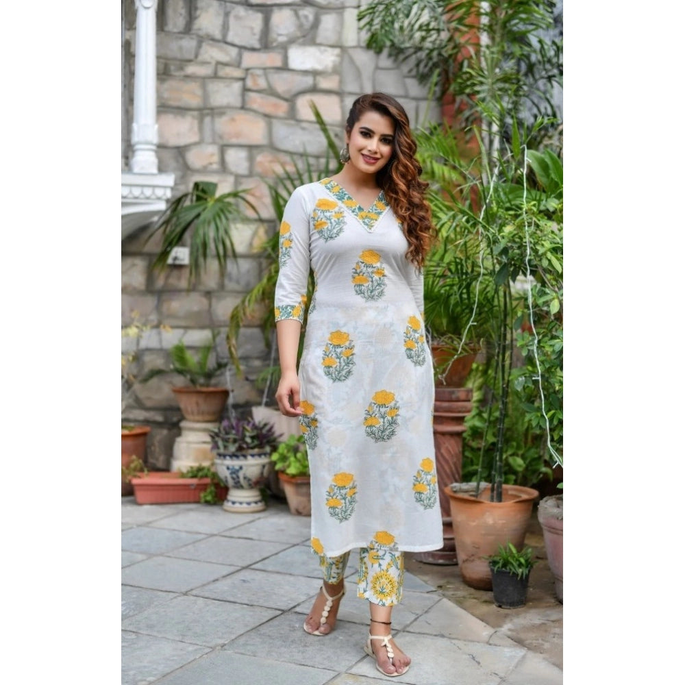 Cotton Blend Printed Work Kurti With Bottom And Dupatta Set (Yellow)