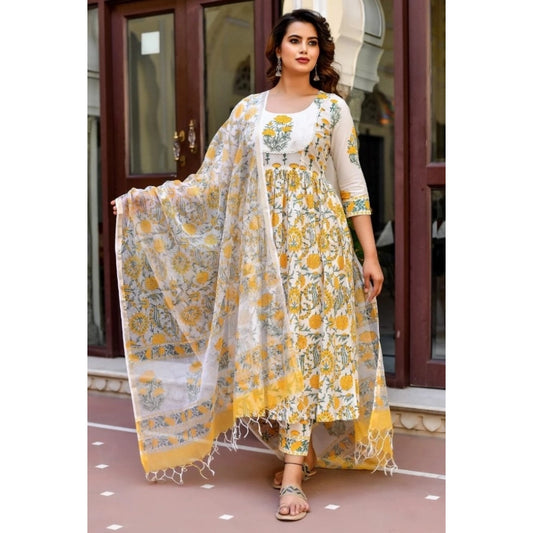 Cotton Blend Printed Work Kurti With Bottom And Dupatta Set (Yellow)