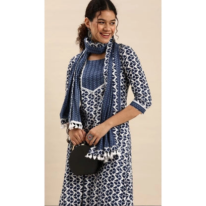 Cotton Blend Printed Work Kurti With Bottom And Dupatta Set (Blue)