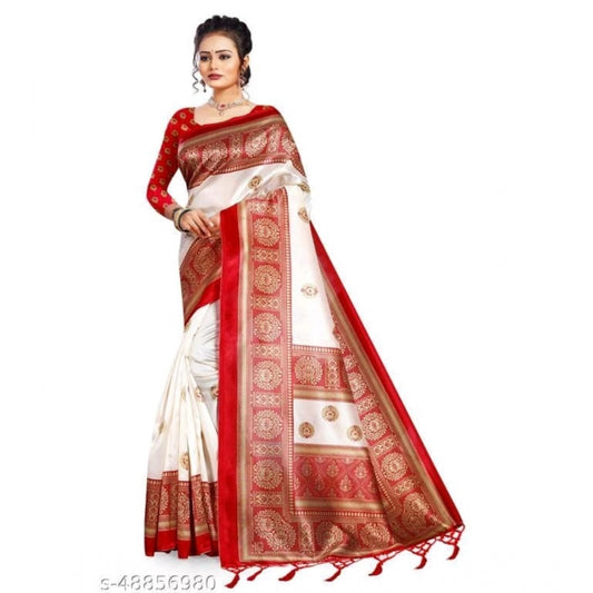 Art Silk Printed Saree With Unstitched Blouse (Red, 5-6 Mtrs)