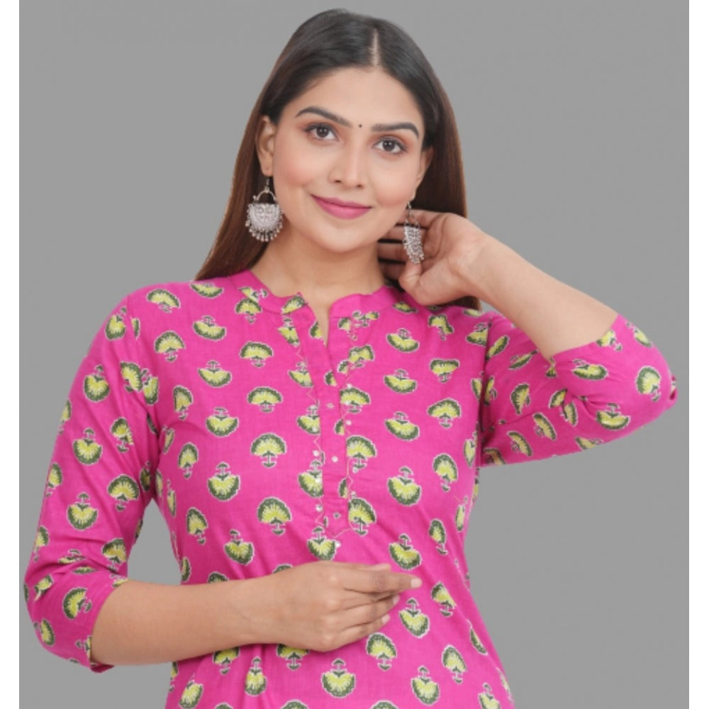 Printed Calf Length Cotton Kurti (Pink)