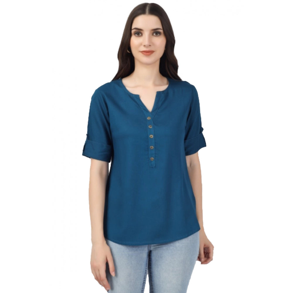 Solid Short Length Rayon Tunic Top (Blue)