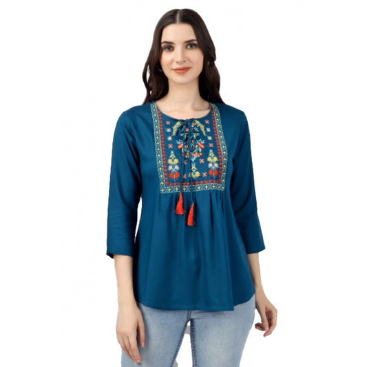 Embroidered Short Length Rayon Tunic Top (Light Blue)