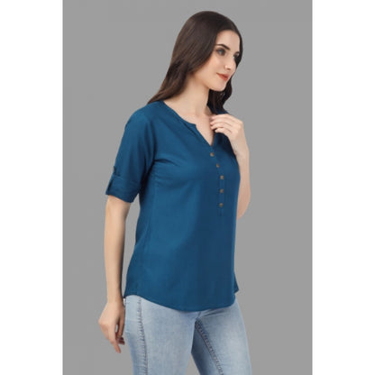 Solid Short Length Rayon Tunic Top (Blue)