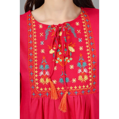 Embroidered Short Length Rayon Tunic Top (Pink)