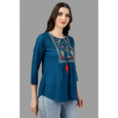 Embroidered Short Length Rayon Tunic Top (Light Blue)