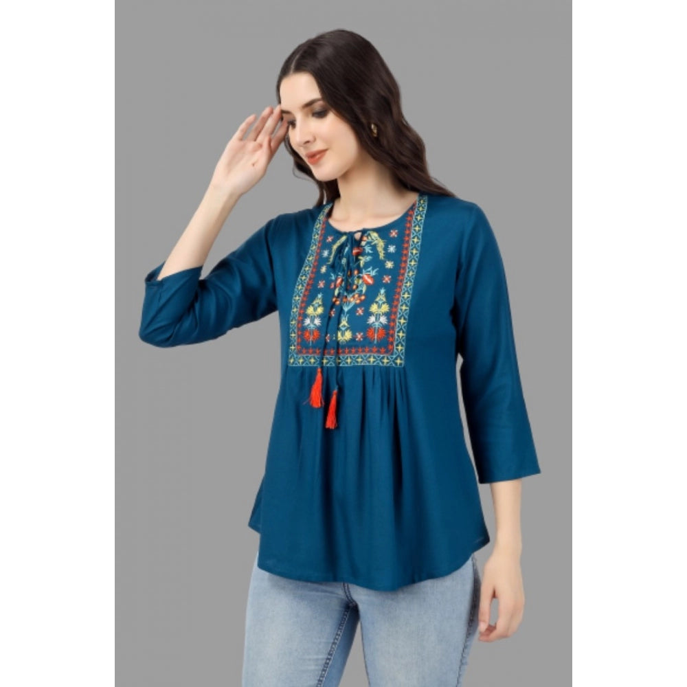 Embroidered Short Length Rayon Tunic Top (Light Blue)