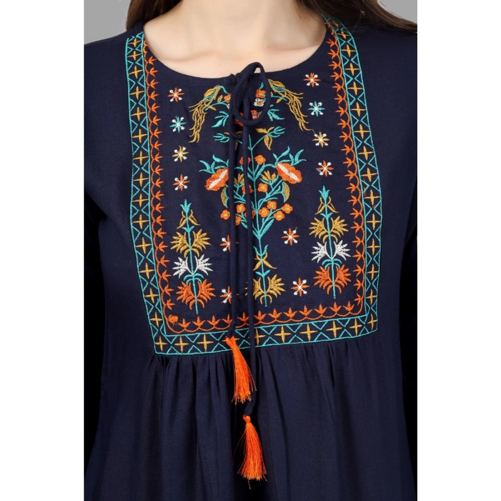 Embroidered Short Length Rayon Tunic Top (Blue)