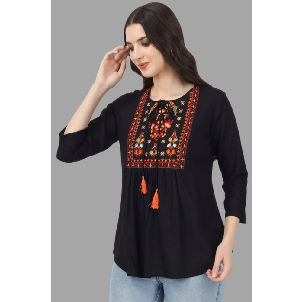 Embroidered Short Length Rayon Tunic Top (Black)