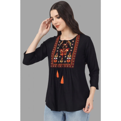 Embroidered Short Length Rayon Tunic Top (Black)