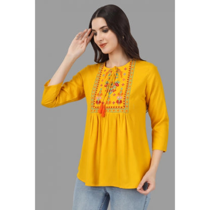 Embroidered Short Length Rayon Tunic Top (Yellow)