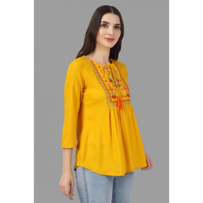 Embroidered Short Length Rayon Tunic Top (Yellow)