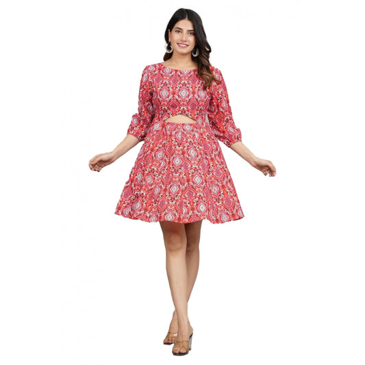 Printed Above Knee Cotton Dresses (Red)