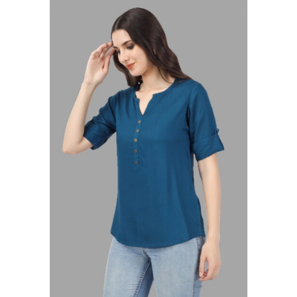 Solid Short Length Rayon Tunic Top (Blue)