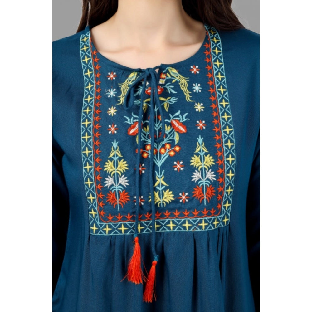 Embroidered Short Length Rayon Tunic Top (Light Blue)