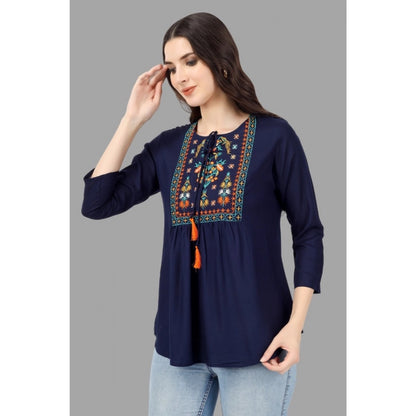 Embroidered Short Length Rayon Tunic Top (Blue)