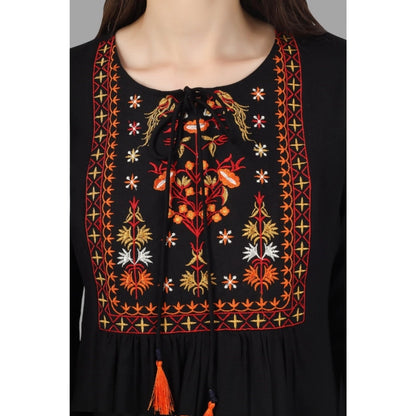 Embroidered Short Length Rayon Tunic Top (Black)