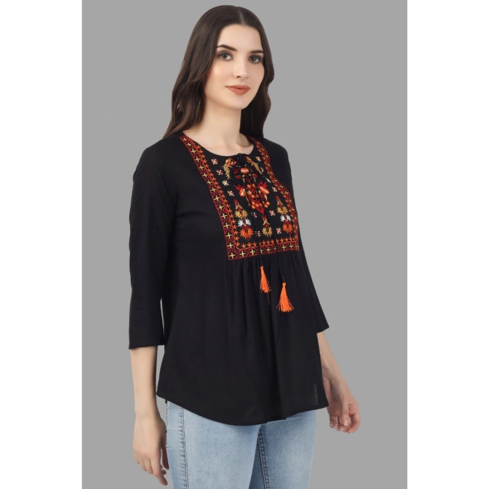 Embroidered Short Length Rayon Tunic Top (Black)